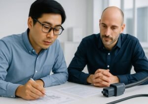 1.engineer and client reviewing technical drawings and specifications, white office background, no text