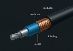 3.exploded cable structure view showing conductor, insulation, shielding, and jacket layers