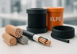 4.various cable materials on lab table copper wires, PVC, nylon mesh, XLPE rolls