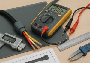 6.single cable prototype on test bench with calipers and measurement tools
